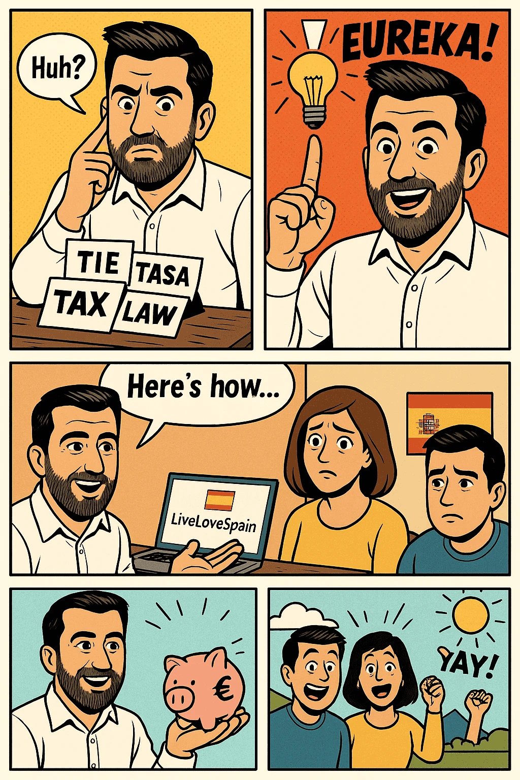 How I overcame Spain’s immigration processes, started LiveLoveSpain and helped others save money – a quick comic story Gerard discovering how to navigate Spanish bureaucracy, explaining LiveLoveSpain to a worried couple, and ending with everyone celebrating cost savings.
